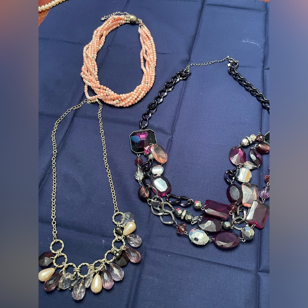 Necklaces coral, purple, dangling purple and pear like tear drip necklaces